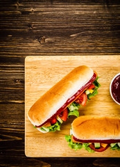 Hot dogs on cutting board