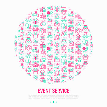 Event services concept in circle with thin line icons: kids party, gifts, birthday, magician, clown, videographer, party invitation, corporate, fireworks. Vector illustration, print media template