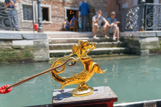Decoration on the gondola figure of a sea horse.Venice. Italy.