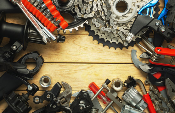 Fototapeta A set of spare parts and tools for a bicycle upgrade