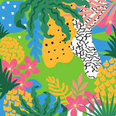 Tropical jungle leaves background. Tropical flowers poster design. Exotic leaves, plants, branches and flowers art print. Wallpaper, fabric, textile, wrapping paper vector illustration design