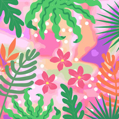 Fototapeta na wymiar Tropical jungle leaves background. Tropical flowers poster design. Exotic leaves, plants, branches and flowers art print. Wallpaper, fabric, textile, wrapping paper vector illustration design