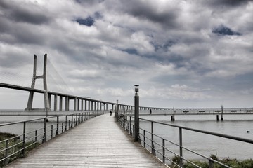 Fototapeta na wymiar Vasco Da Gama perspectives under cloudy sky in Lisbon