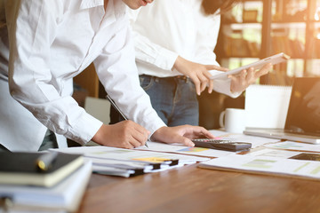 Consult of business people talking and meeting with consulting finance data.