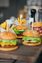 Food. Closeup Burgers And Hamburgers In Fast Food Restaurant