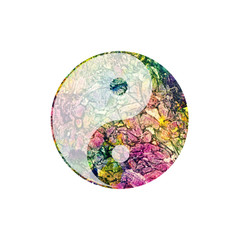 Colorful watercolor yin and yang symbol on white.
