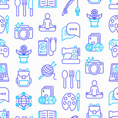 Hobby seamless pattern with thin line icons: reading, gaming, gardening, photography, cooking, sewing, fishing, hiking, yoga, music, blogging, knitting. Modern vector illustration, web page template.