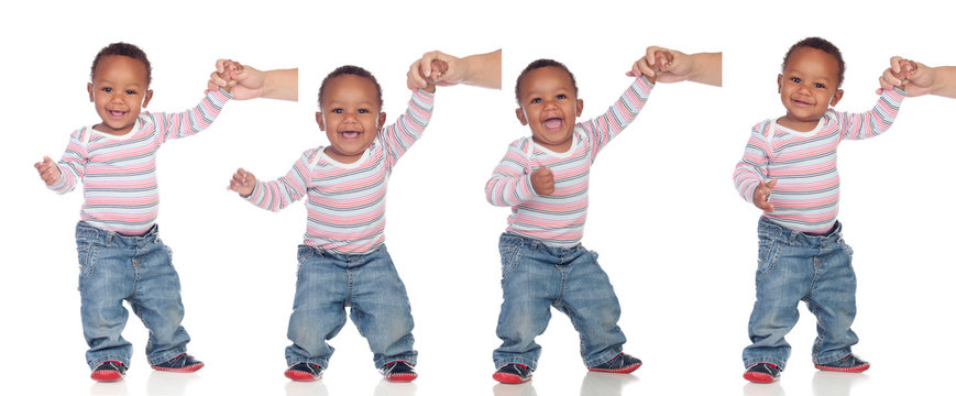 Four Pictures Of A African Baby Learning To Walk