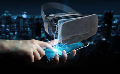 Businessman using virtual reality glasses technology 3D rendering