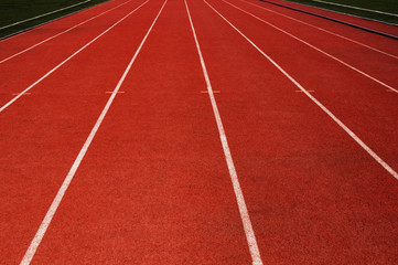 track running, Red treadmill in sport field with sgreen background.