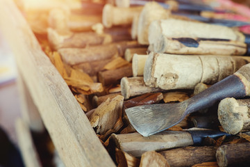 Wood  craft equipment object wood carve with a gouge on the workbench in carpentry.