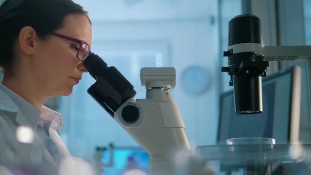 Young life scientist looking through a microscope in a laboratory.