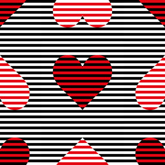 Seamless abstract striped lines vector patterns. Vector fashion backdrop with hearts in vintage op art style