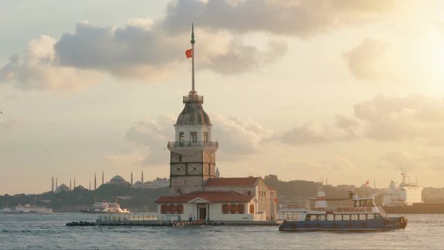 maidens tower in istanbul, turkey, kiz kulesi tower, sunset in istanbul