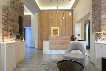 Reception desk, hotel reception interior