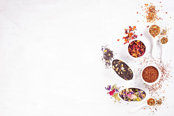 Variety of different kinds of tea. Herbal, black, green, red, fruit tea. Detox, calming, antioxidant, toning, refreshing drinks