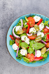Vegetable salad with cheese mozzarella, tomatoes, basilikum and spice.