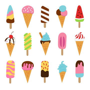 Ice cream, eskimo, waffle cone. Set of elements in doodle and cartoon style. Colorful