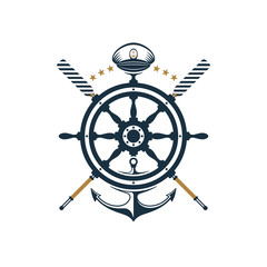 Nautical badge; ship wheel, anchor, oar, captains hat icons