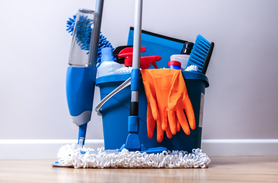 Cleaning Service. Bucket With Sponges, Chemicals Bottles And Mopping Stick.  Household Equipment.