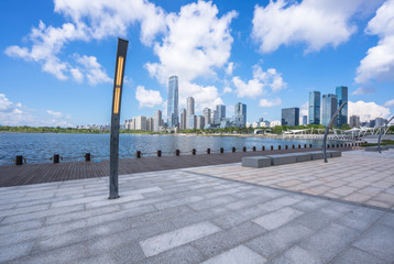 city skyline with empty square