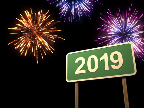      New Year 2019 Creative Design Concept with Sign Board- 3D Rendered Image 