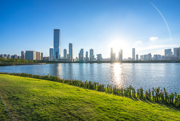 Obraz premium green lawn with city skyline in park