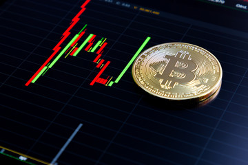 Golden bitcoin and stock chart on tablets. Dark and blue concept.