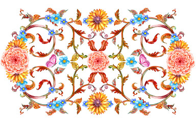 Obraz premium graceful horizontal frame with nature flora and butterflies. watercolor painting