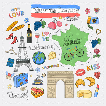 Tour to France icon set.Hand draw