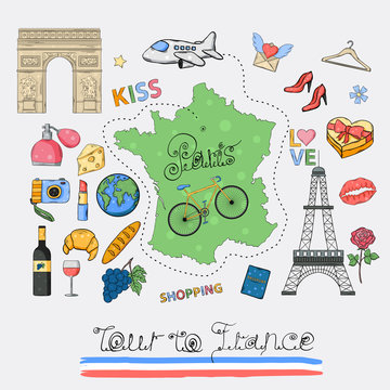 Tour to France icon set.