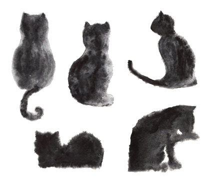 Watercolor collection of black cats