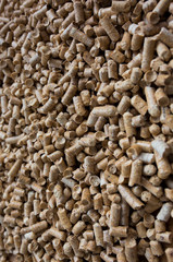 Wooden pet bedding background. Wood pellets texture.