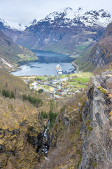 View of Geiranger and a cruise ship in the fjord from  Flydalsjuvet, Norway