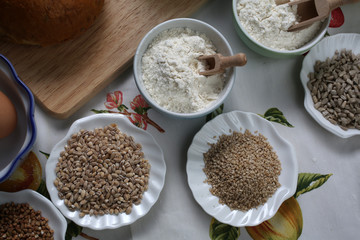 Ingredients for whole grain healthy bread, whole wheat flour, wheat germ and eggs