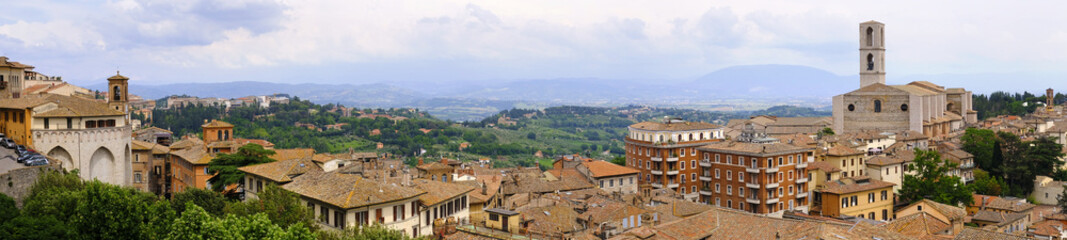 Perugia, Italy - panoramic view of Perugia, capital city of Umbria district, with surrounding mountains and valleys in the background