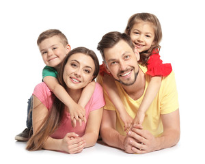 Happy family with cute children on white background