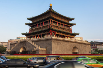 Fototapeta na wymiar View of the beautiful Bell Tower in the city of Xian in China, Asia.
