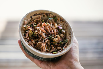 Spicy salad small shrimp prepare for serving, Yum Kung Then Thai traditional