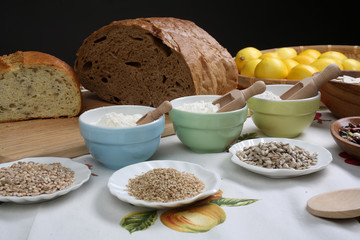 Ingredients for whole grain healthy bread, whole wheat flour