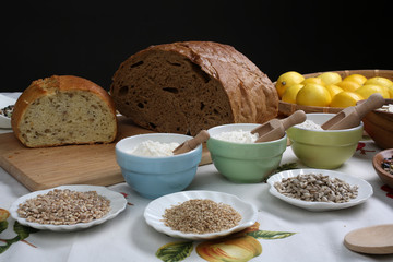 Ingredients for whole grain healthy bread, whole wheat flour
