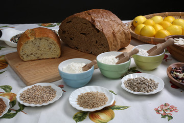 Ingredients for whole grain healthy bread, whole wheat flour