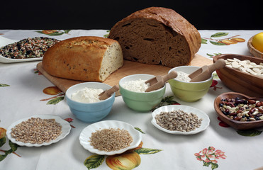 Ingredients for whole grain healthy bread, whole wheat flour