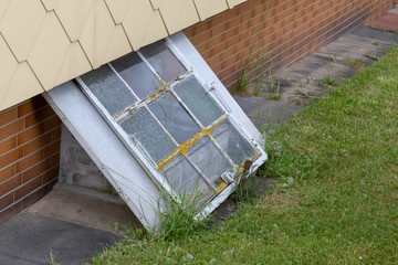 Altes Kellerfenster an der Außenwand eines Wohnhauses