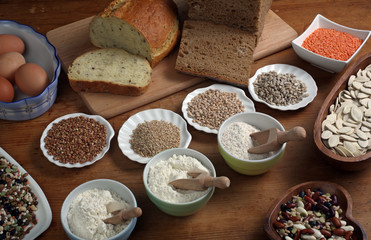 Ingredients for whole grain healthy bread, whole wheat flour