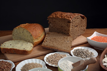 Ingredients for whole grain healthy bread, whole wheat flour