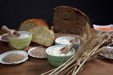 Ingredients for whole grain healthy bread, whole wheat flour