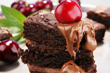 homemade chocolate brownies on rustic table. brownie bakery.