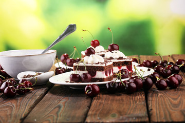 Chocolate cake with cherries and whipped cream. Black Forest cake