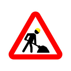 Under construction warning sign. Vector stickman with yellow helmet shoveling in red rectangle. 